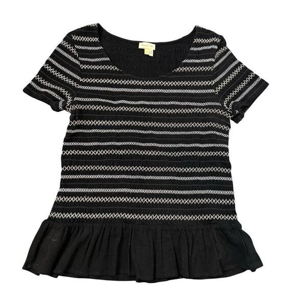 Anthropologie Black Smocked Top Large Meadow Rue Peplum Short Sleeve Ruched L - Picture 6 of 13